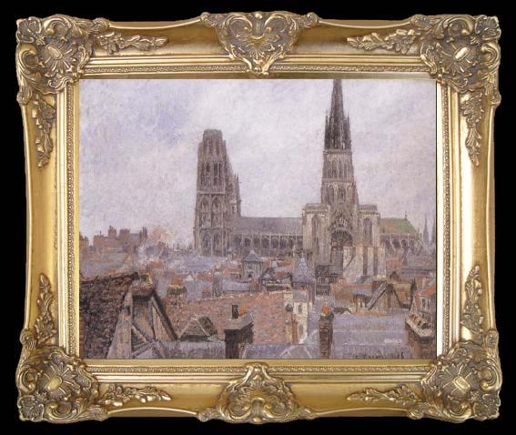 framed  Camille Pissarro The Roofs of Old Rouen,Gray Weather, TA216